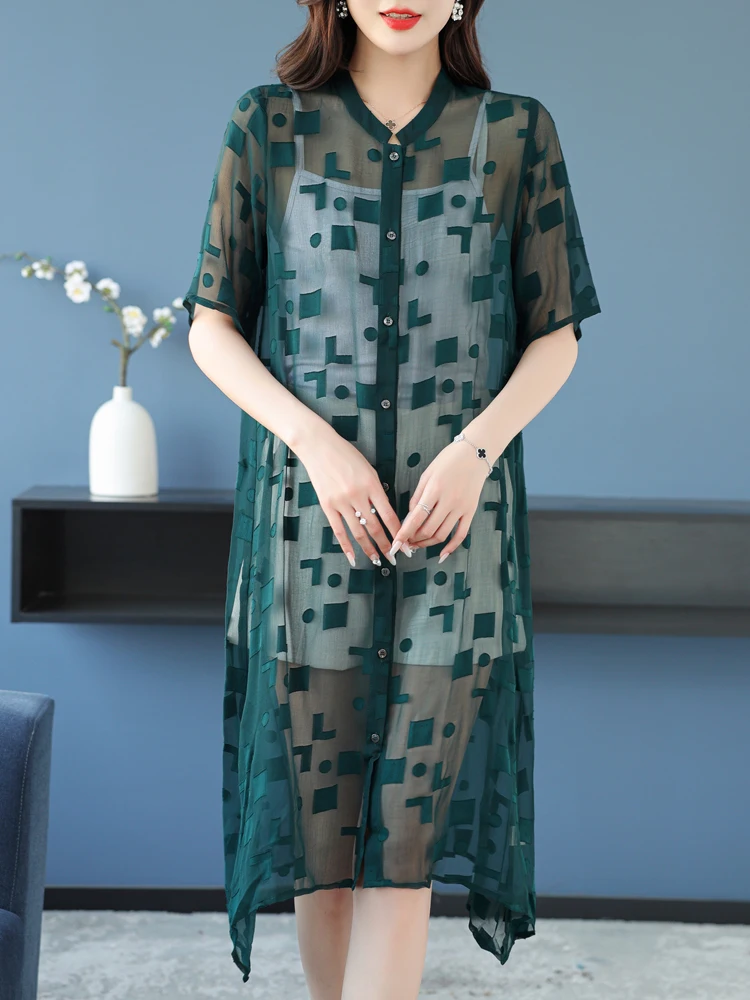 

Print Perspective Shirt 2025 Summer New Slim Short Sleeve Long Cardigan Top Casual Single-breasted Shirts For Women