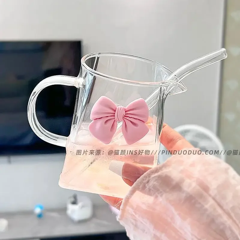 Handle Bow Mug Glass Cup Juice Coffee Cups with Straw High-value Water Household Milk Glassware Halloween Christmas Gifts