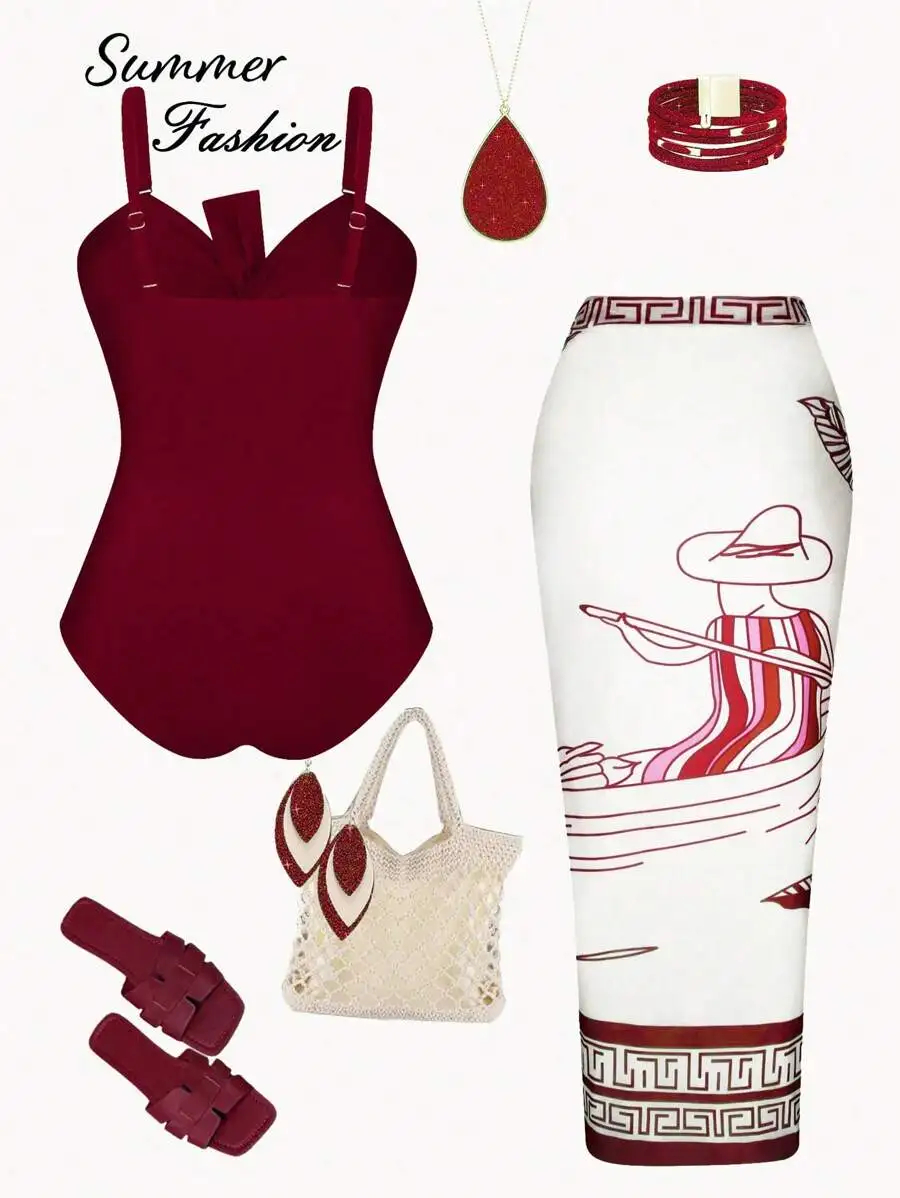 

Burgundy Plus Size One-Piece Swimsuit And White Printed Midi Skirt Set For Summer Beach Holiday Casual Wear
