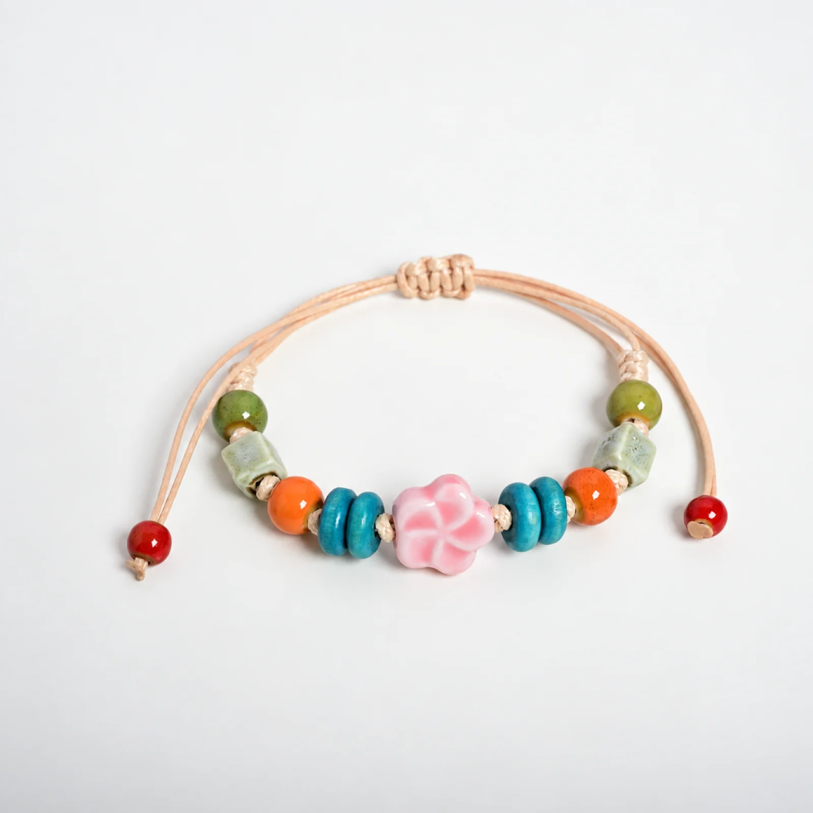 Handmade Ceramic Bead Bracelet with Waxed Cord and Wooden Details and Handwoven Flower Bead Adjustable 609P2-04
