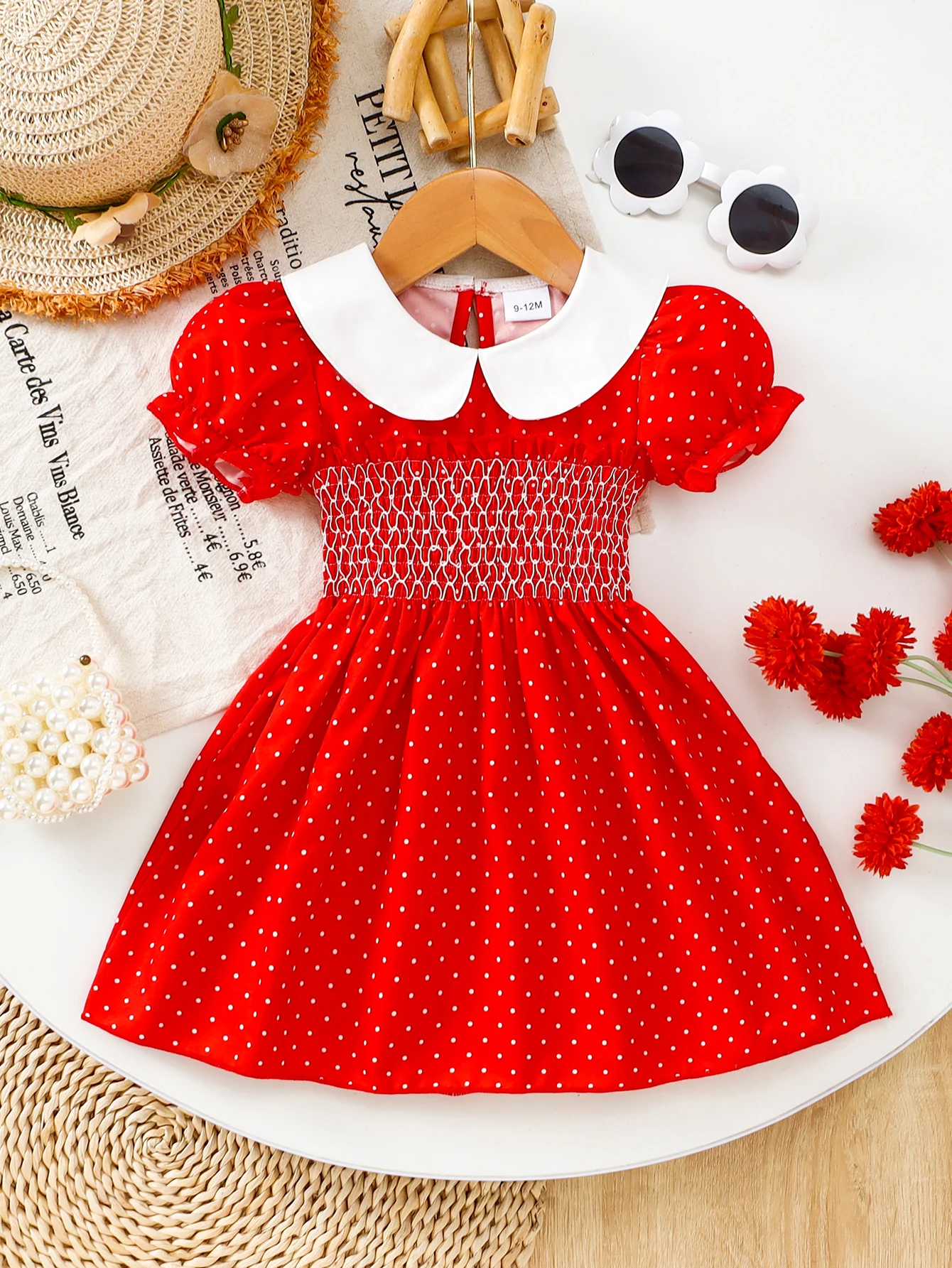 Adorable Trendy SS2026 Baby Girl Red Polka Dot Peter Pan Collar Puff Sleeve Dress (0-4Y): Soft Cotton, Perfect for Birthday Part