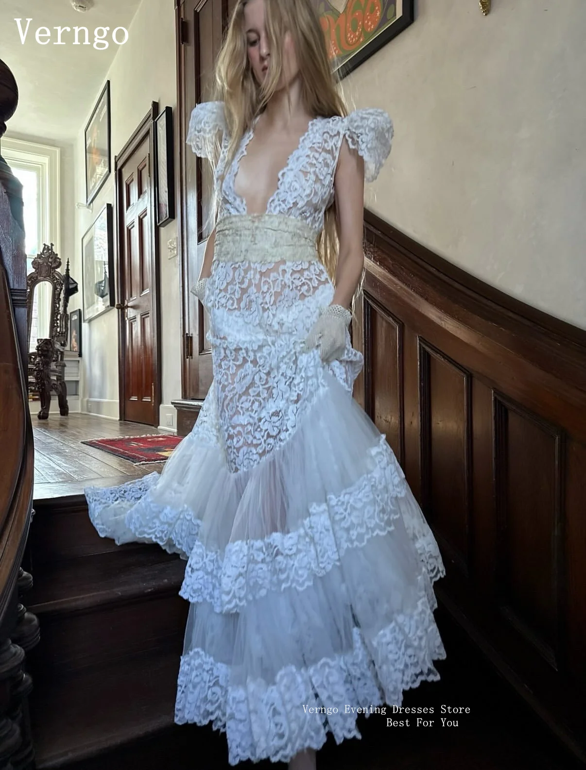 Verngo Sexy Lace Wedding Dress Deep V Neck Tiered A Line Bridal Gowns Women Elegant Short Sleeves Bride Dresses Customized