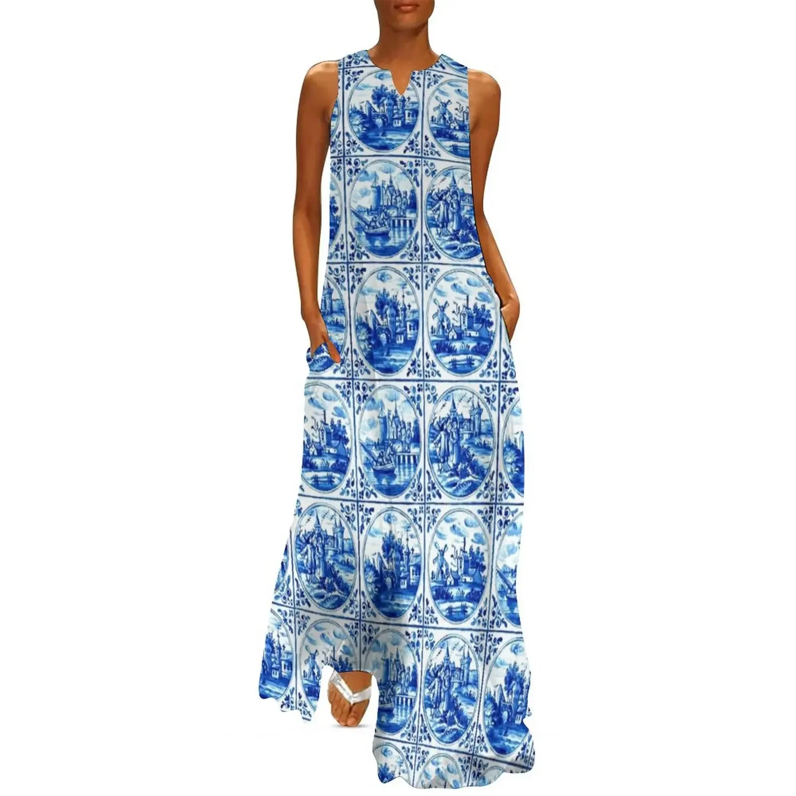 

Dutch Tiles Long Dress summer women's suit Dress for girls dress korean style