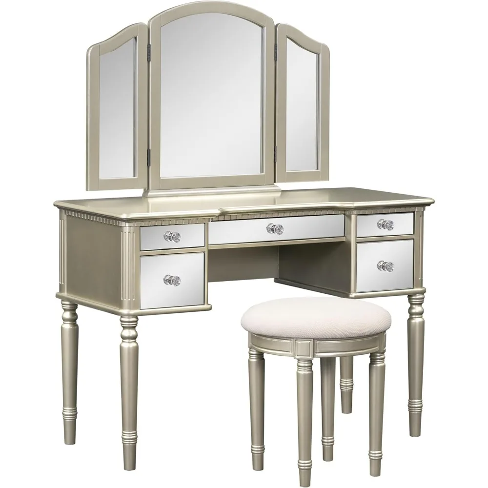 

2 Sets of Dressing Tables, Dressing Table Set with Triple Folding Mirror, Drawer with Mirror and Stool with Cushion