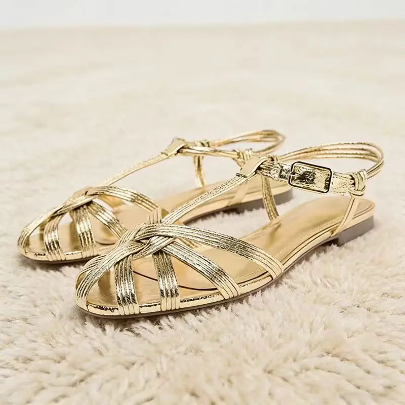 

Gold Narrow Band Flat Sandals Women Fashion Brand Hollow Gladiator Sandals Elegant Buckle Comfort Beach Shoes Zapatos De Mujer