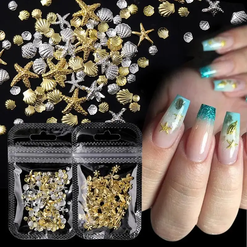 1000Pcs Shell Starfish Nail Charms 3-5mm Gold Silver 3D Ocean Metal Alloy Studs Decor Sea Series Rhinestone Nail Tip Accessories