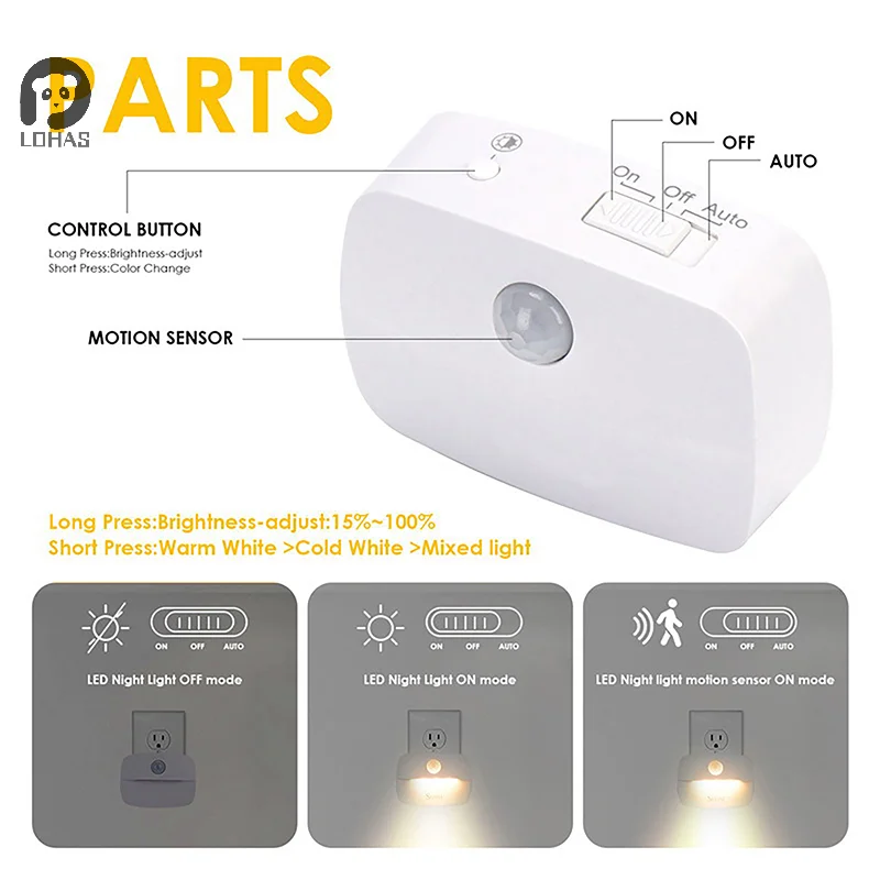 Lampu malam LED Sensor Gerakan EU US Plug lampu lampu malam untuk anak-anak kamar tidur dekorasi lorong tangga WC samping tempat tidur lampu malam