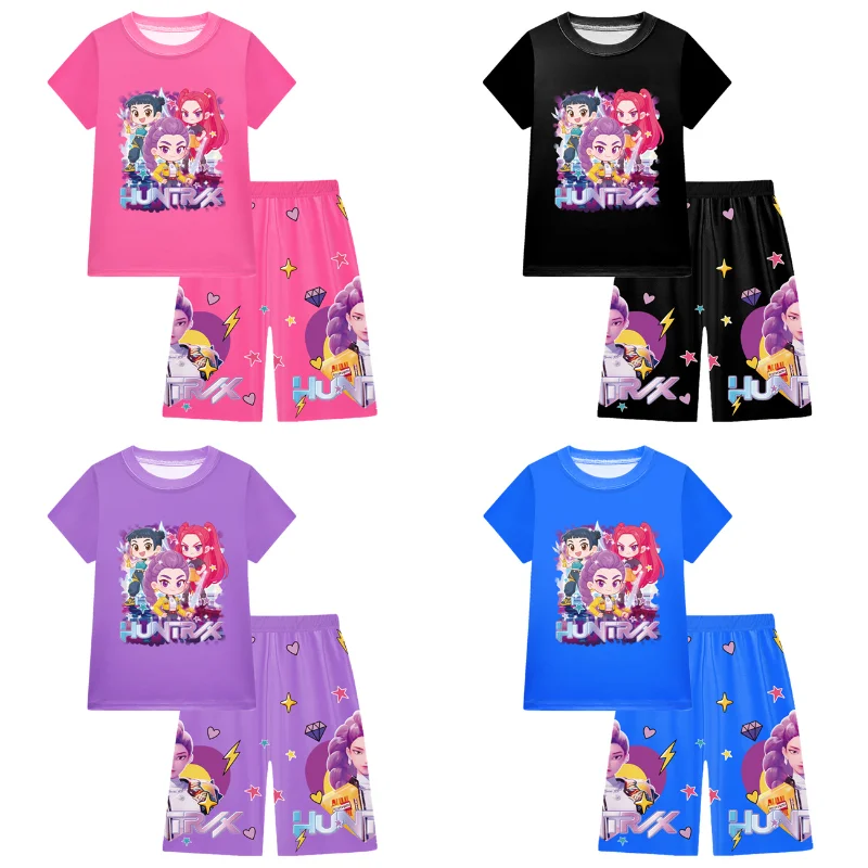2 szt. Koszulki i szorty dla dzieci K-Pops Demons Hunters z nadrukiem 3D, bluzki, t-shirty, chłopięce i dziewczęce, codzienne koszulki z krótkim rękawem, odzież do spania dla dzieci