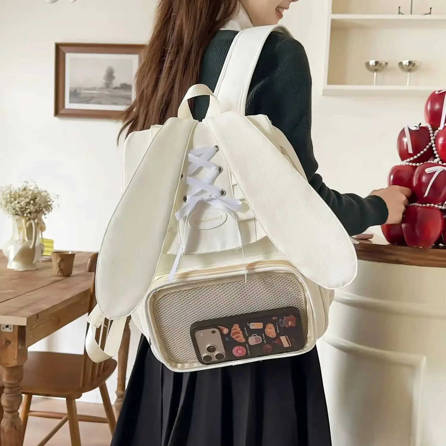 Y2k Cute Bow Rabbit Ear Ita Backpack Sweet Girl Transparent Knapsack Fashion Women's Large Capacity Student DIY Display Rucksack