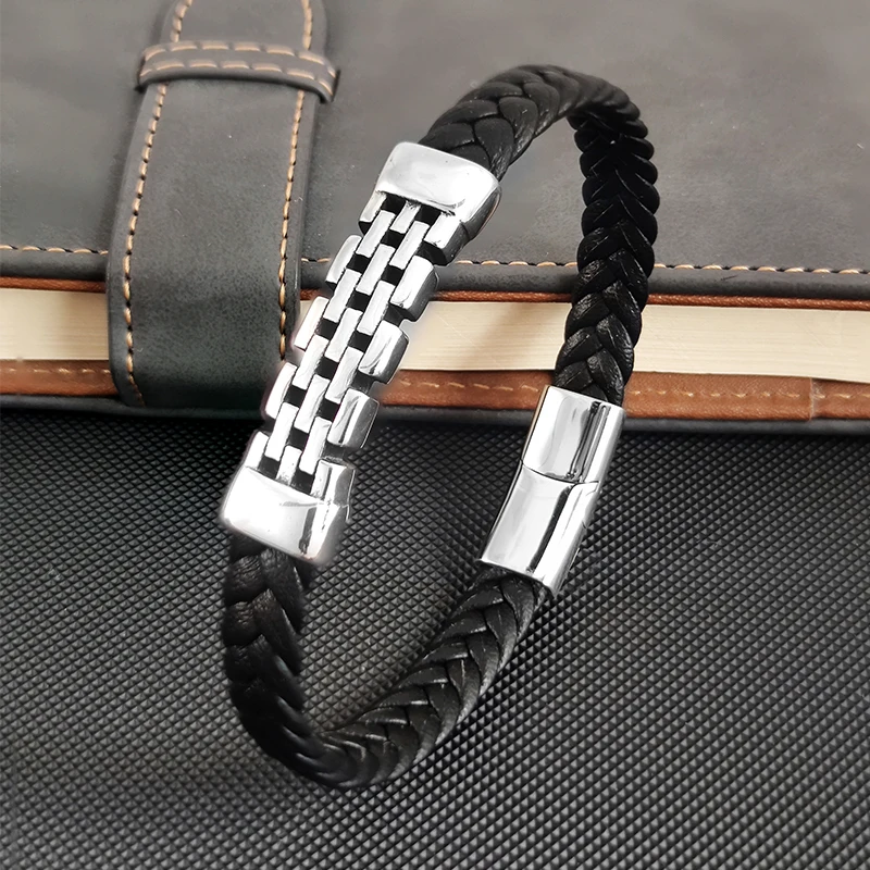

Simple Style Men's Black Genuine Leather Bracelet Classic Stainless Steel Mesh Fitting Braid Bangles for Men Friend Gift