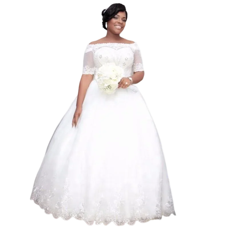 Customized New Design Off The Shoulder CrystalsBeads A-Line Wedding Dresses Court Train Half Sleeves Plus Size Lace AppliquesB