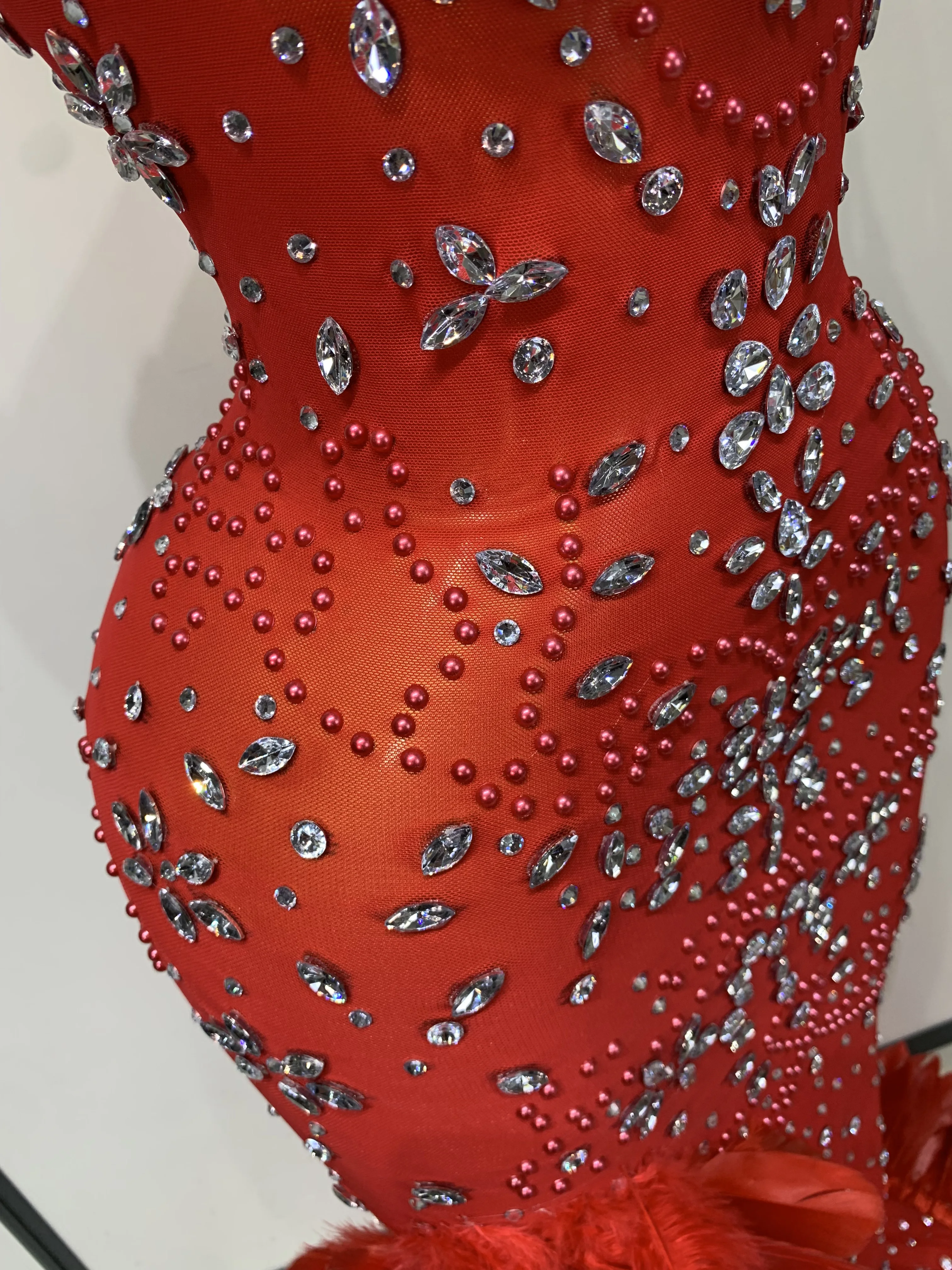 Women Sparkly Rhinestone Feather Mesh Transparent Maxi Long Dress Sexy Backless Birthday Evening Party Singer Stage Costume