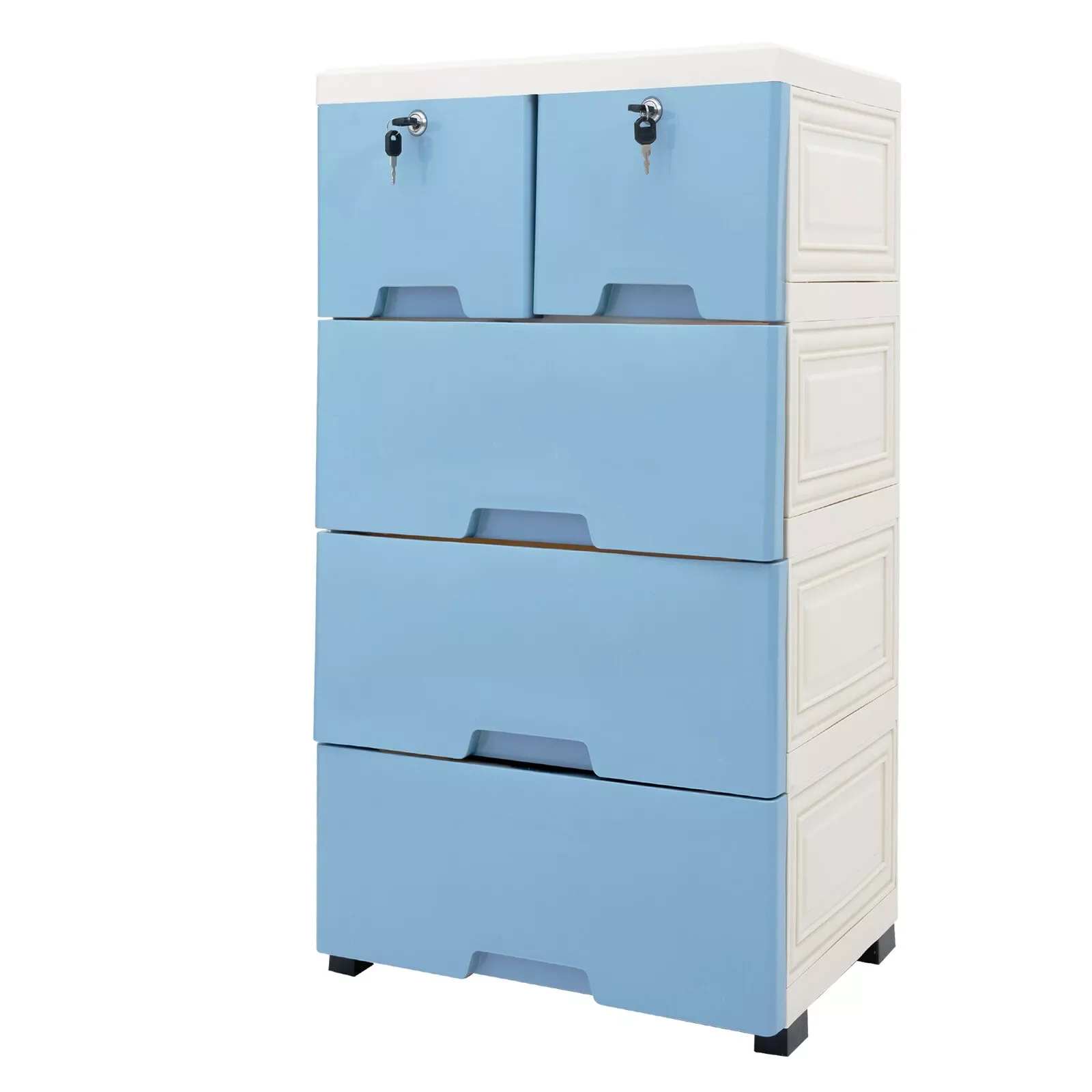 Plastic 6 Drawers Dresser Storage Cabinet w/ Lock Closet Organizer 4 wheels Blue