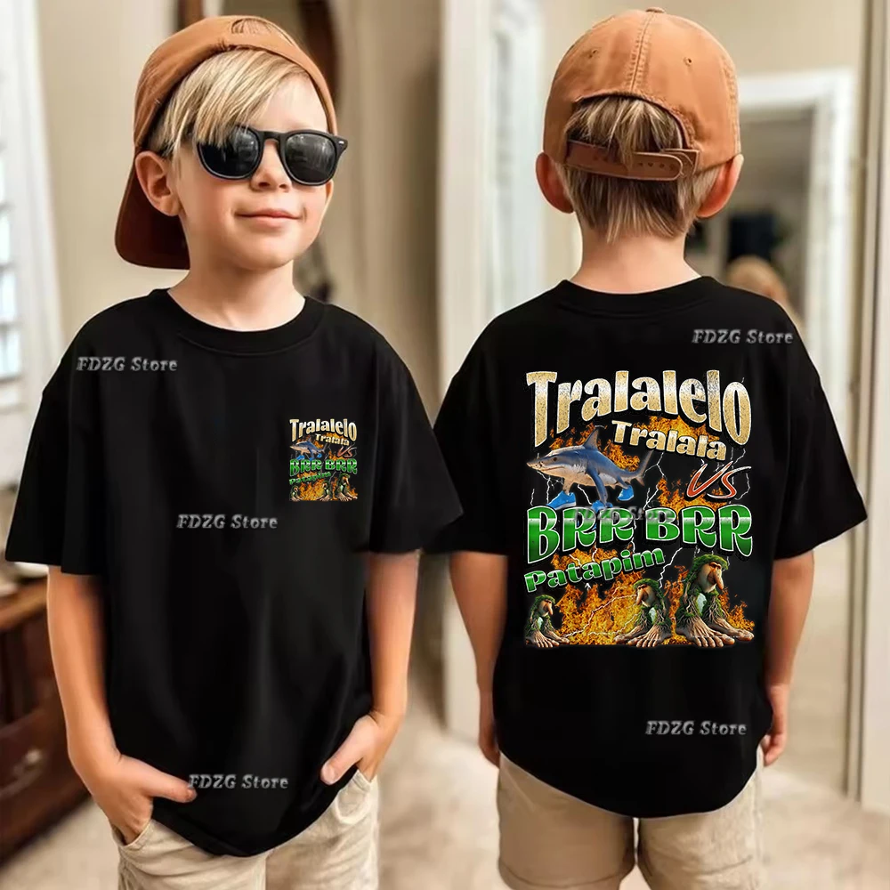 

Italian Brainrot Themed Print Summer Boys Girls Cartoon T-shirt Tralalero Tralala Children's Short Sleeved Shirt Kids Cotton Tee