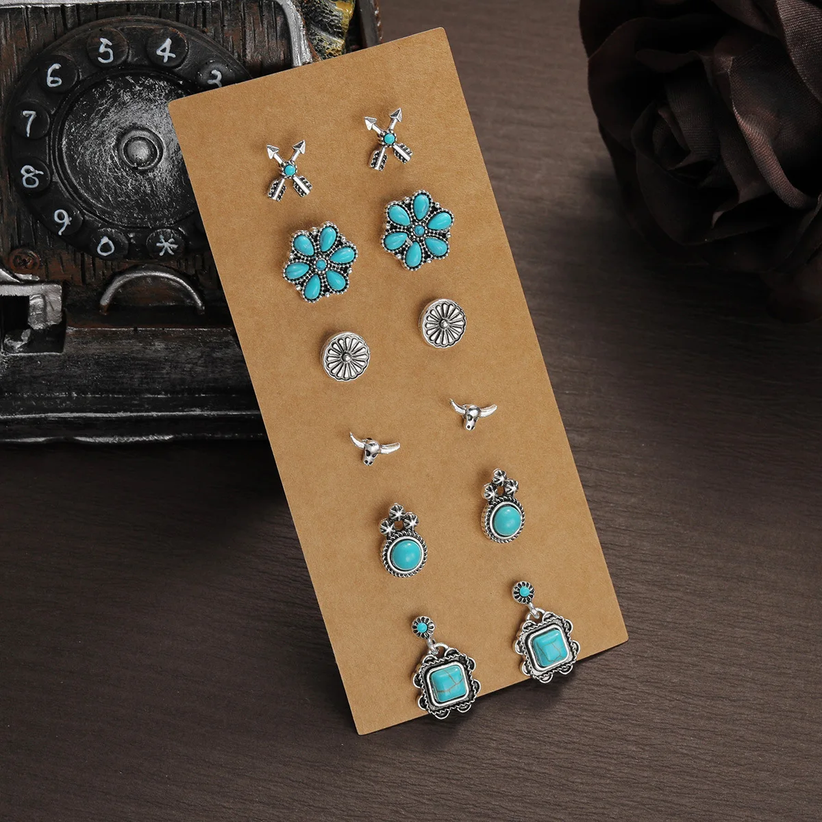 Vintage Turquoise Tibetan Silver Color Earring Sets For Women Boho Ethnic Geometric Heart Shape Leaf Shell Drop Earrings Jewelry