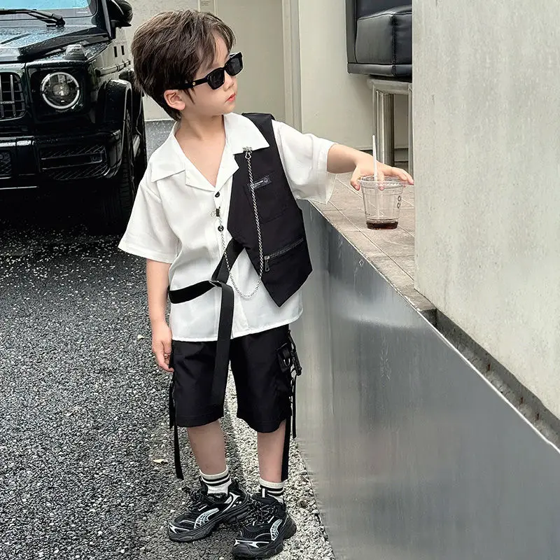 

Boys' Sets Button Shirt Vest Shorts Three-piece Summer Suits Korea Handsome Street 2024 New Contrasting Colors Children's Sets