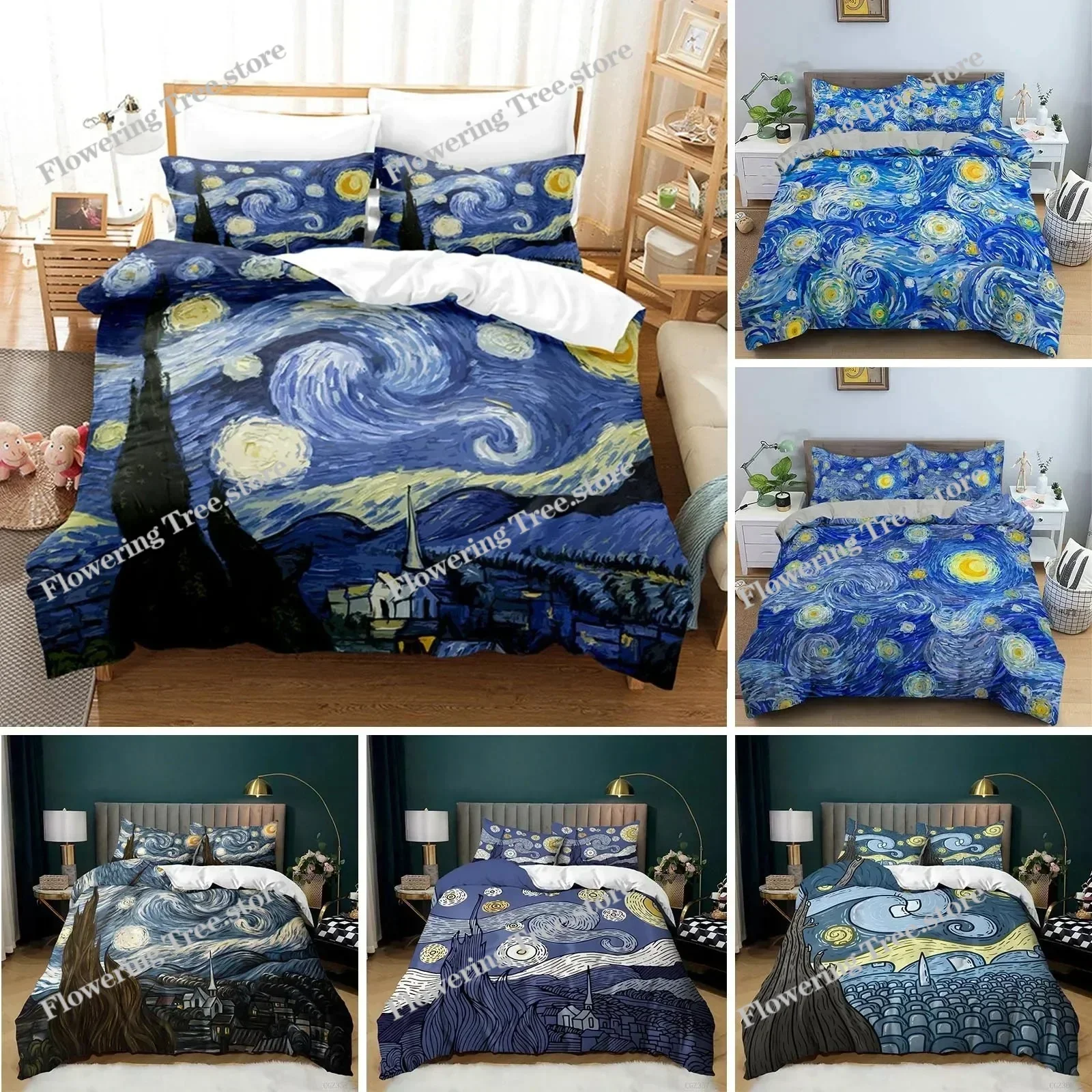 Starry Night Van Gogh Duvet Cover Set Queen Size,Oil Painting Famous Modern Classic Sky Star Art,Decorative Bedding Set