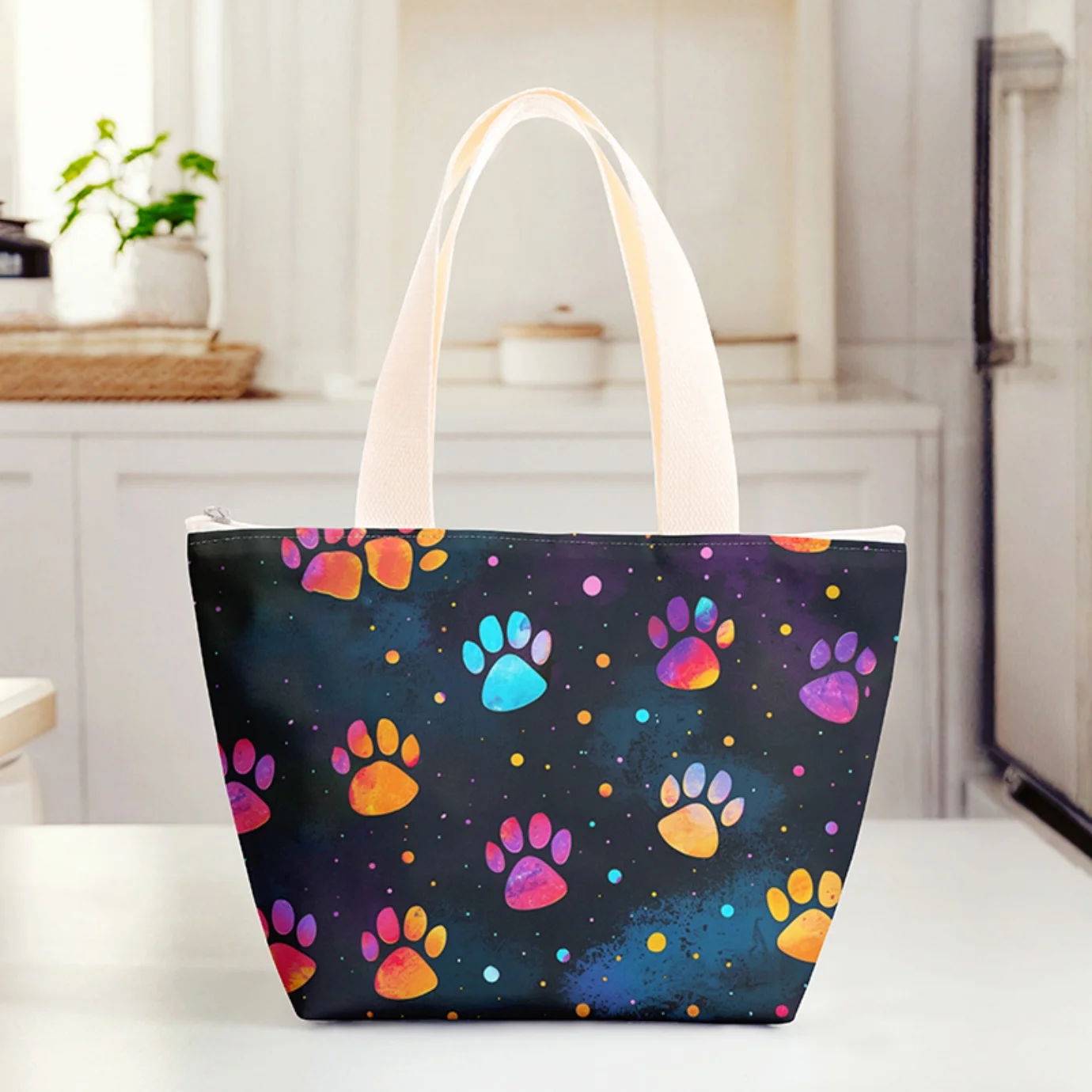 Colorful Paw Print Thermal Insulated Lunch Tote Bag, Lightweight Reusable Food Carry Bag For Daily Outdoor Use