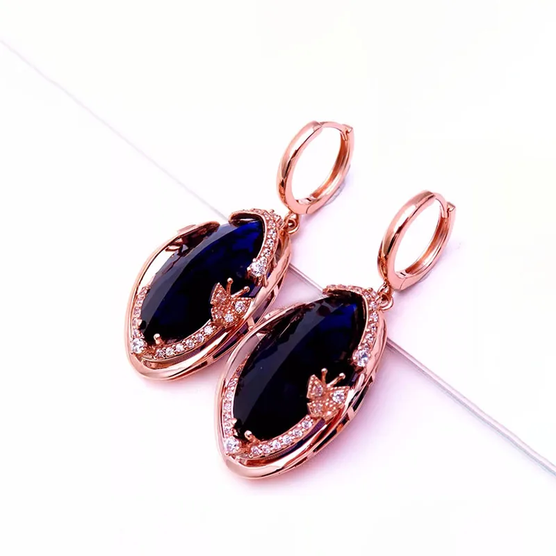 585 Purple Gold Shining Luxury Inlaid Blue Gem Geometric earrings for women Plated 14K Rose Gold Butterfly Drop Earings Jewelry