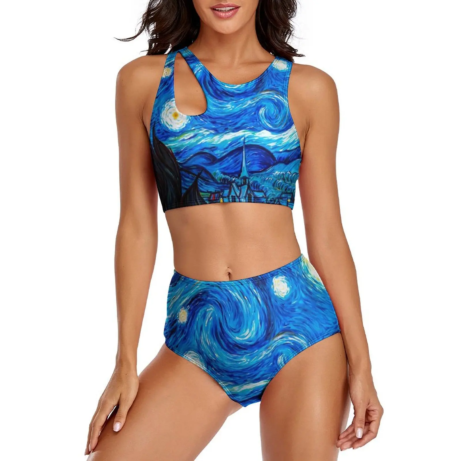 Klassischer Sternennacht-Bikini-Badeanzug, sexy Vincent Van Gogh, hohe Taille, Bikini-Set, zweiteilige Design-Badebekleidung, Push-Up-Badeanzüge