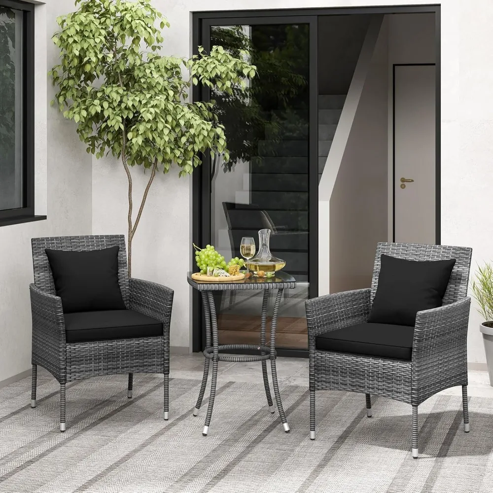 

Patio Furniture Set - Rattan Wicker Outdoor Furniture w/Cushions & Tempered Glass Coffee Table, Small Conversation Bistro Table