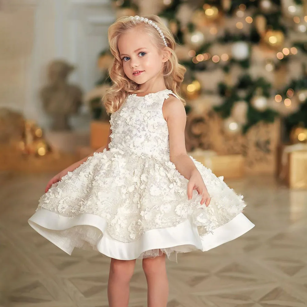 

Ivory Flower Girl Dress For Wedding Sleeveless 3d Applique Mini Puffy Kid Birthday Princess Dress First Communion Ball Gowns