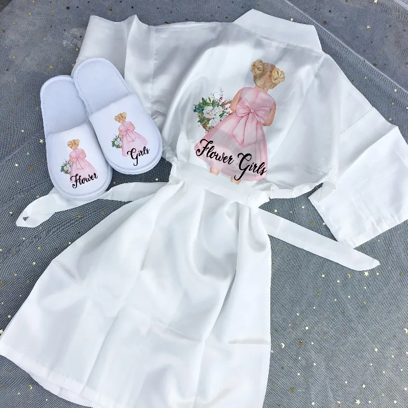 Customized Flower Girls Kid Satin Robe Wedding Bachelorette Bridal Shower Party Proposal Marriage Decorations For Children