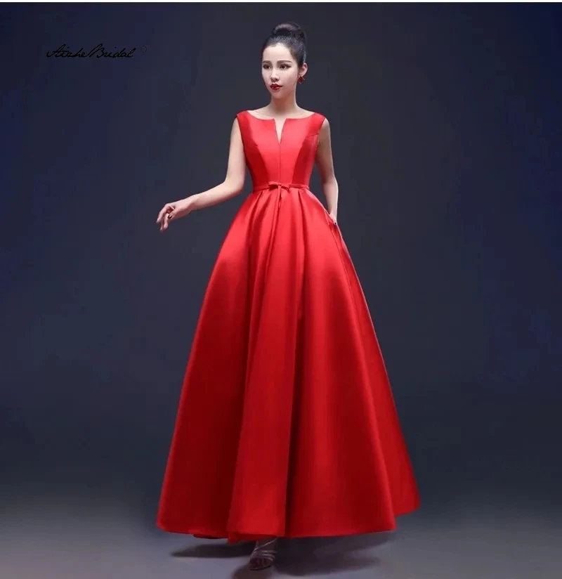 

Customized Prom Dress 2025 Red Satin Lace Up O-neck A-line Floor Length Plus size Woman Party Formal Dresses