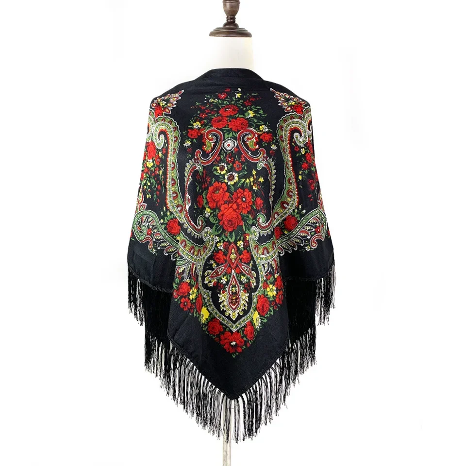

Russian Style Floral Print Shawl Wrap, Vintage Fringe Scarf for Women, Fashion Outerwear, Xinjiang Travel Square Kerchief