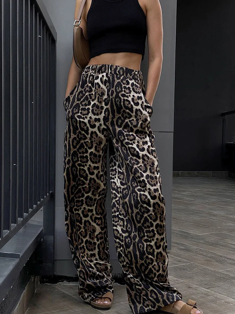 

Hollow Loose Women Wide Leg Pants, Casual Female Patchwork Pocket Leopard Pants, Streetwear High Elastic Waist Trousers 2024 New