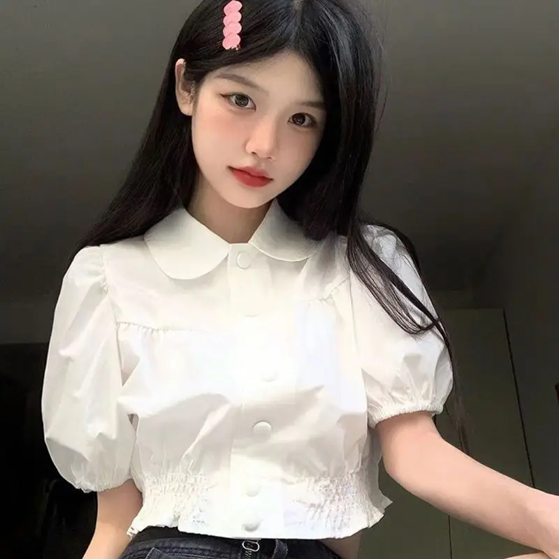 White Preppy Style Shirts Women JK College Lolita Fashion Sweet Girlish Crops Blusas Casual Puff Sleeve Cute Peter Pan Collar