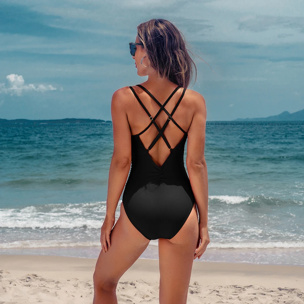 Anfilia feminino maiô de uma peça moda sexy profundo decote em v alta corte ruched monokini cor sólida backcross banho