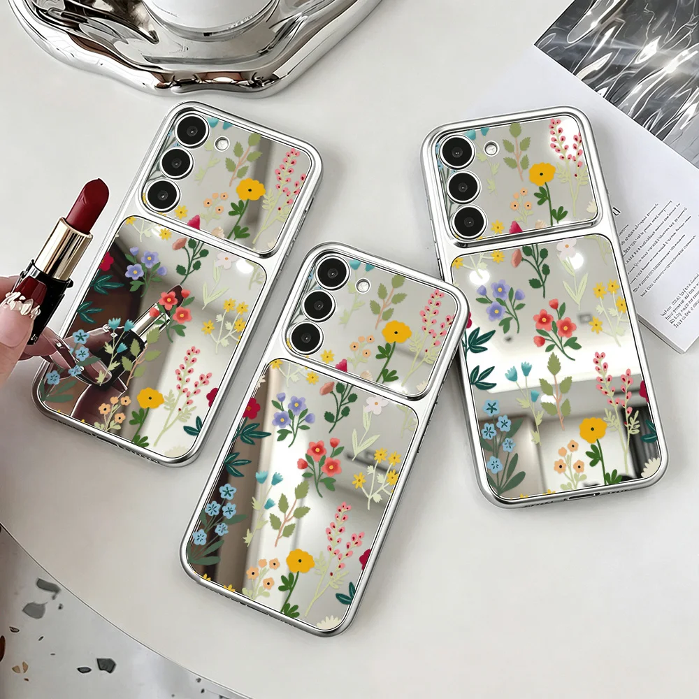 Flower Phone Cases For Samsung S26 S25 S24 S23 Ultra FE A57 A56 5g A16 A36 A37 A17 A07 A55 A26 Mirror Cover with Phone Lanyard
