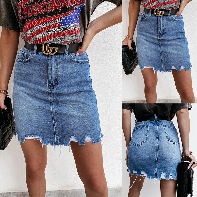 Women Denim Skirts Slim Fit Washed Skirt High Waist Distressed Slim Fit Zipper Fly Spliced Sexy Wrap Buttocks Sheath Pockets