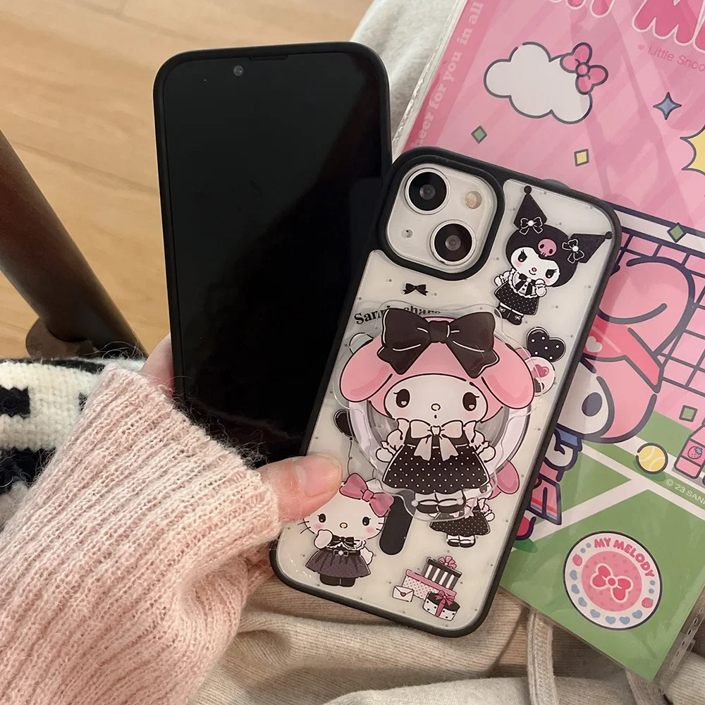 Cute Hello Kitty Kuromi My Melody per Magsafe custodia per telefono con staffa magnetica per IPhone 16 15 14 13 12 11 Pro Max Cover posteriore trasparente