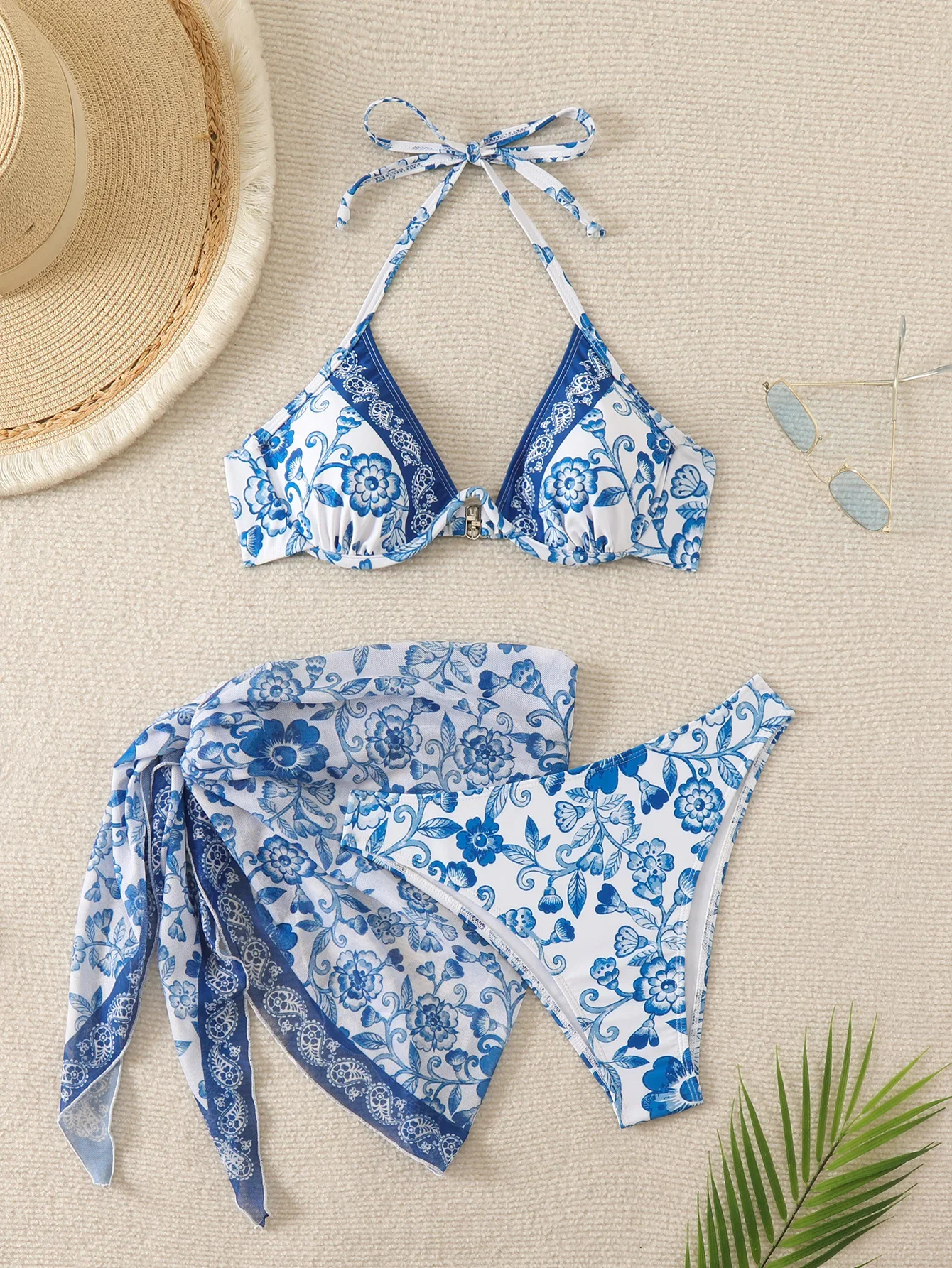 

3-х предметный купальник для женщин, бикини с цветочным принтом на косточках, комплект бикини с эффектом пуш-ап, купальник с пляжными юбками, накидка, мини-платье