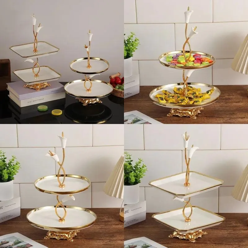 Luxury Two Layer Ceramic Fruit Dessert Display Rack Snack Tray Light Luxury Retro Style Home Living Room Decor