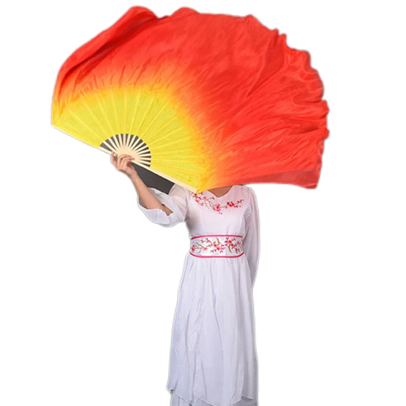 100% Real Silk Chinese Belly Dance Fan Veil Hand Made Yellow Red Fire Flame Sequin Fan Yangko Square Dance Bamboo Long Fan Pair