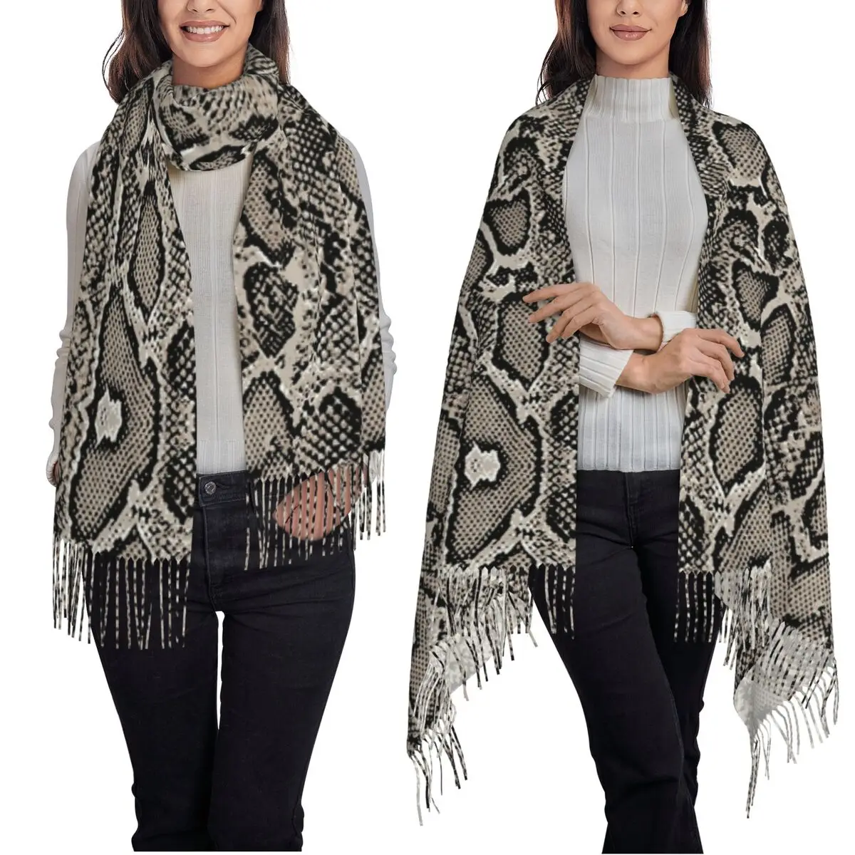 وشاح على شكل ثعبان من جلد الثعبان أوشحة شرابة للنساء شالات دافئة ناعمة ويلتف شال طويل للخريف والشتاء