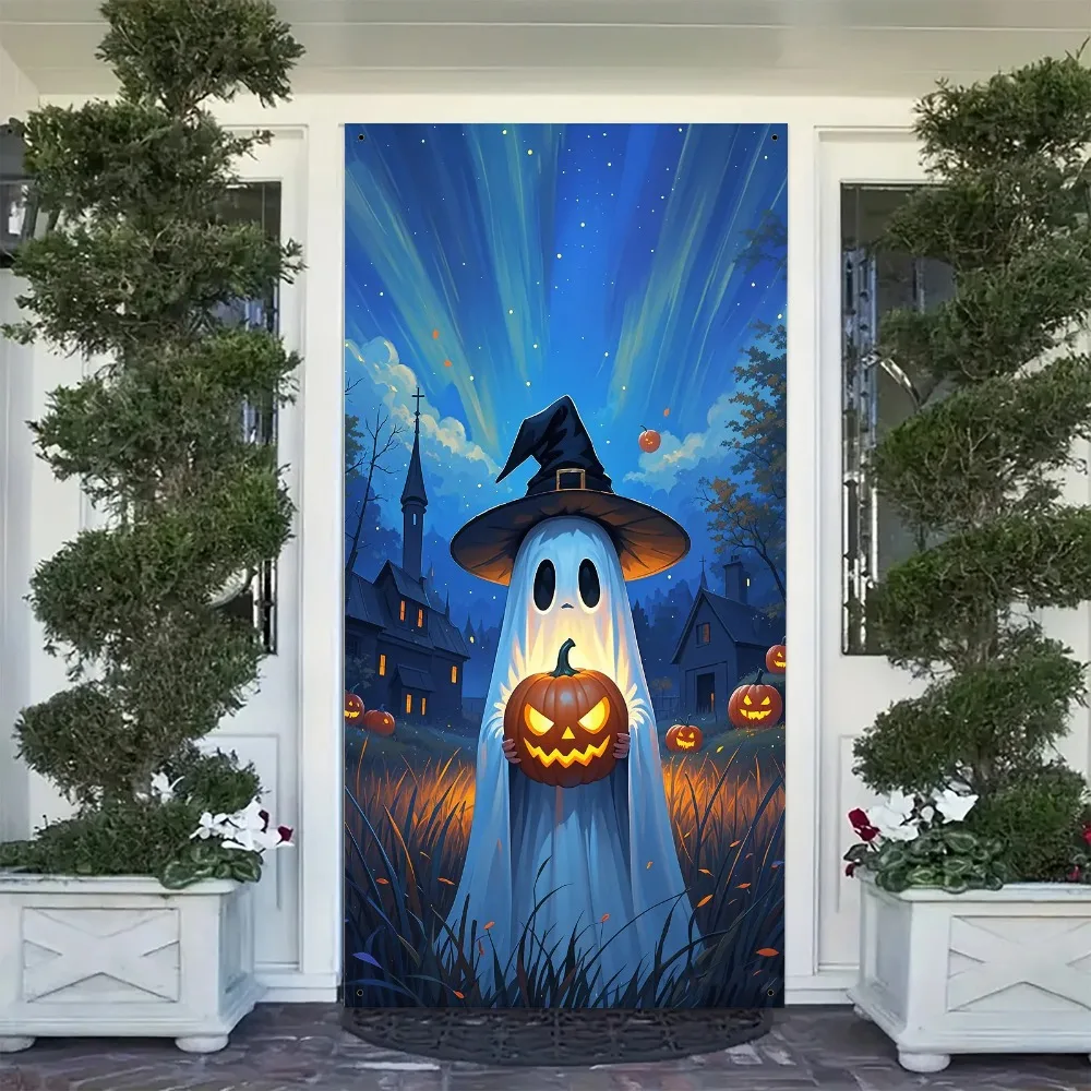 Halloween Pumpkin Lantern Door Flag Decoration Background Cloth, Halloween Party Door Blessing Decoration Photography Background