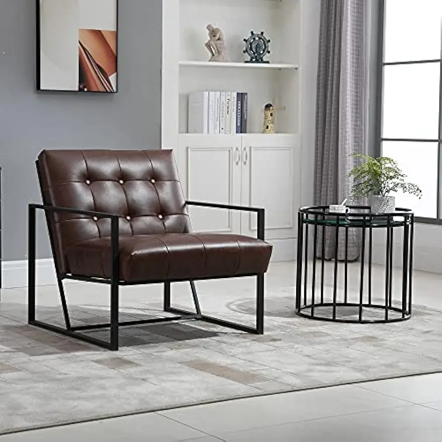 Mid-Century Modern Accent Chair Faux Leather Sofa Button Tufted Armchair with Metal Frame, Brown