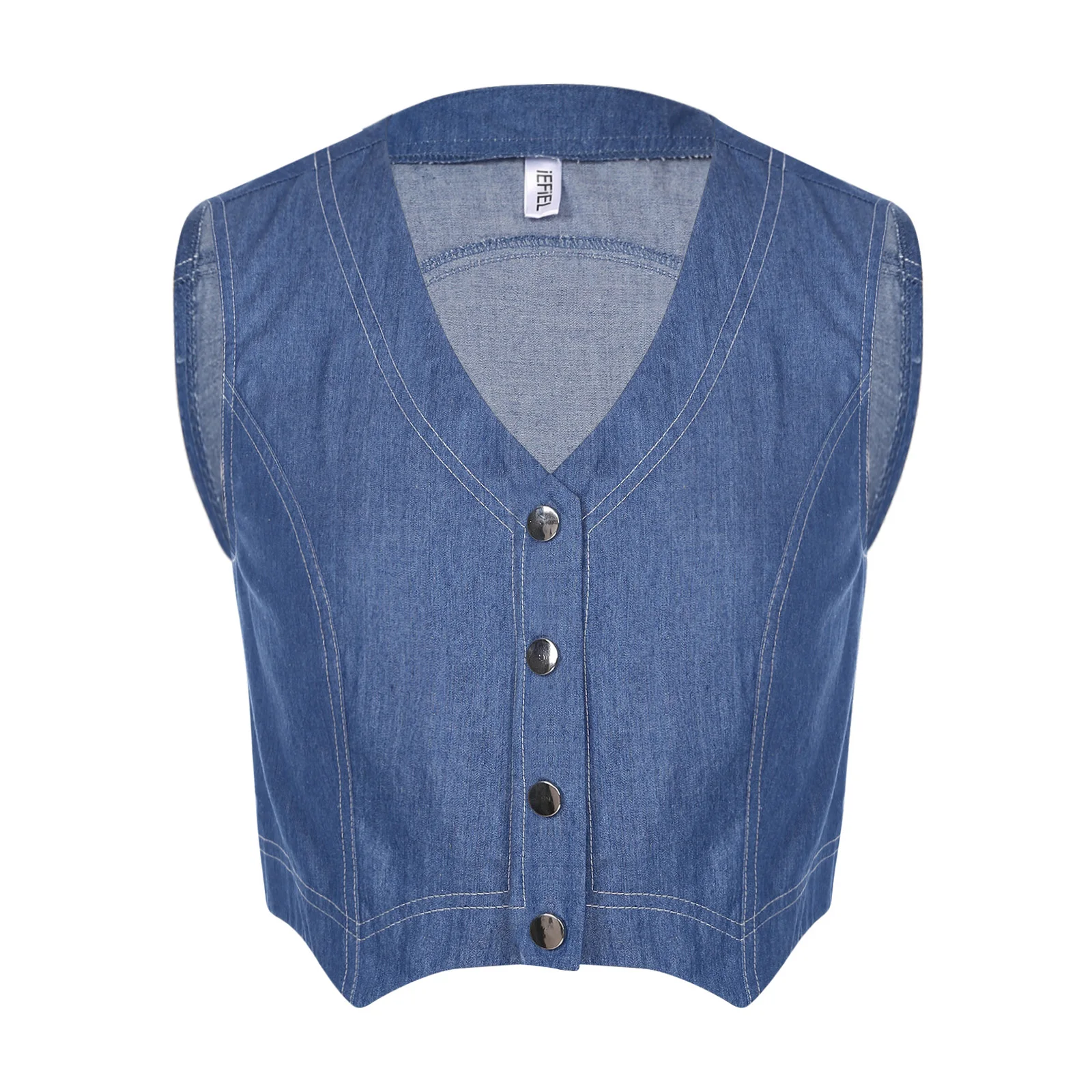 Women Fashion Irregular Hem Denim Cropped Vest Top Casual V-neck Sleeveless Press Button Jean Waistcoat