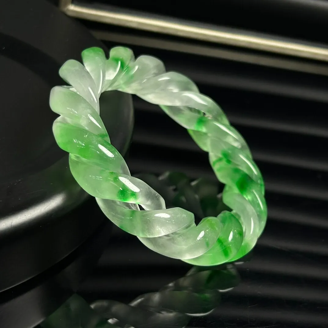 Natural Icy green White Jade jadeite artistic carving bracelet