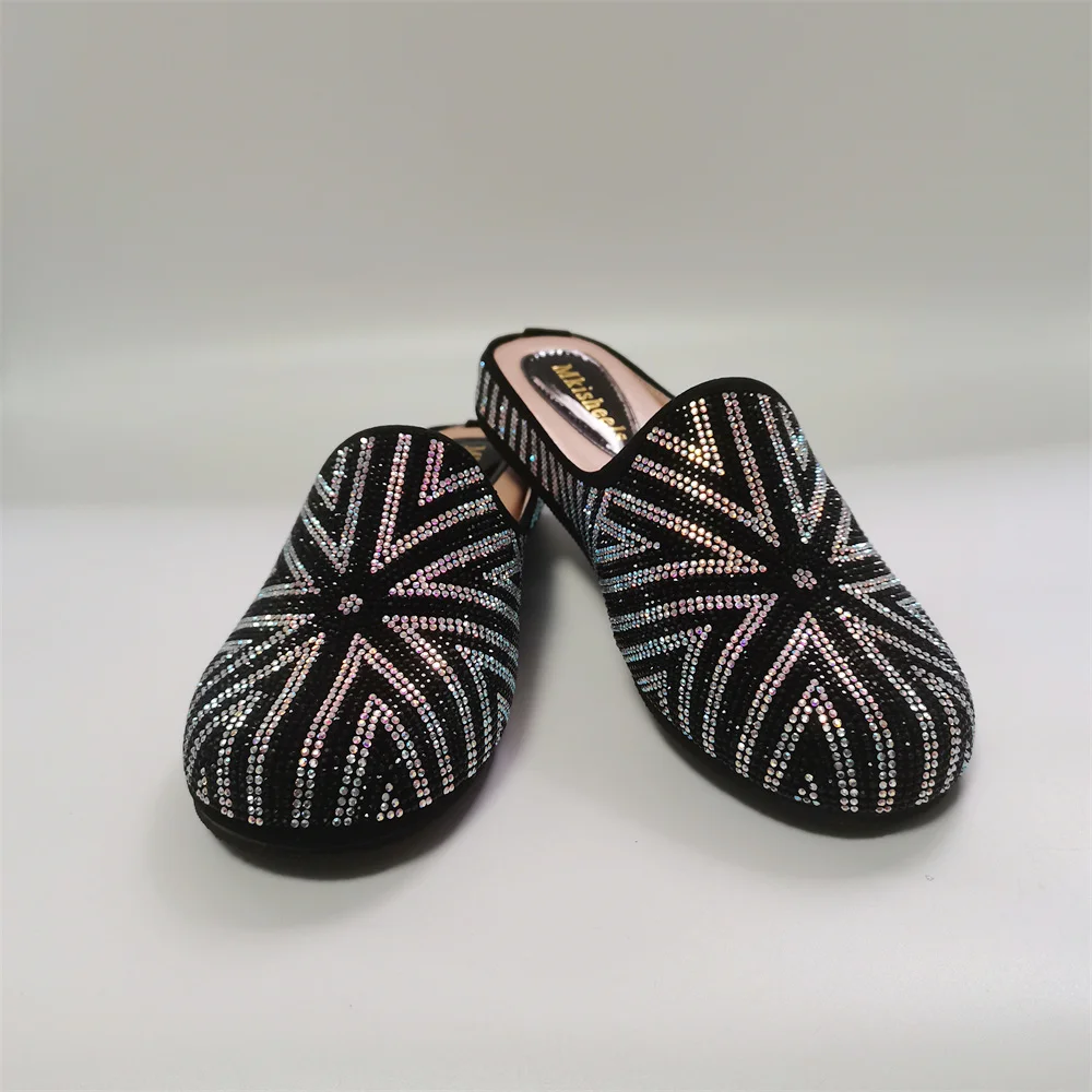 2024 New Fashion Luxury Women\'s Rhinestone Flat Slippers Women Flat Heel Comfortable Mulles Shoes Outwear Casual Shoes F113-1