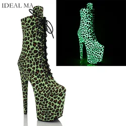 22 years new pole dance boots short boots 20CM super high heel leopard print luminous stage performance luminous high heels