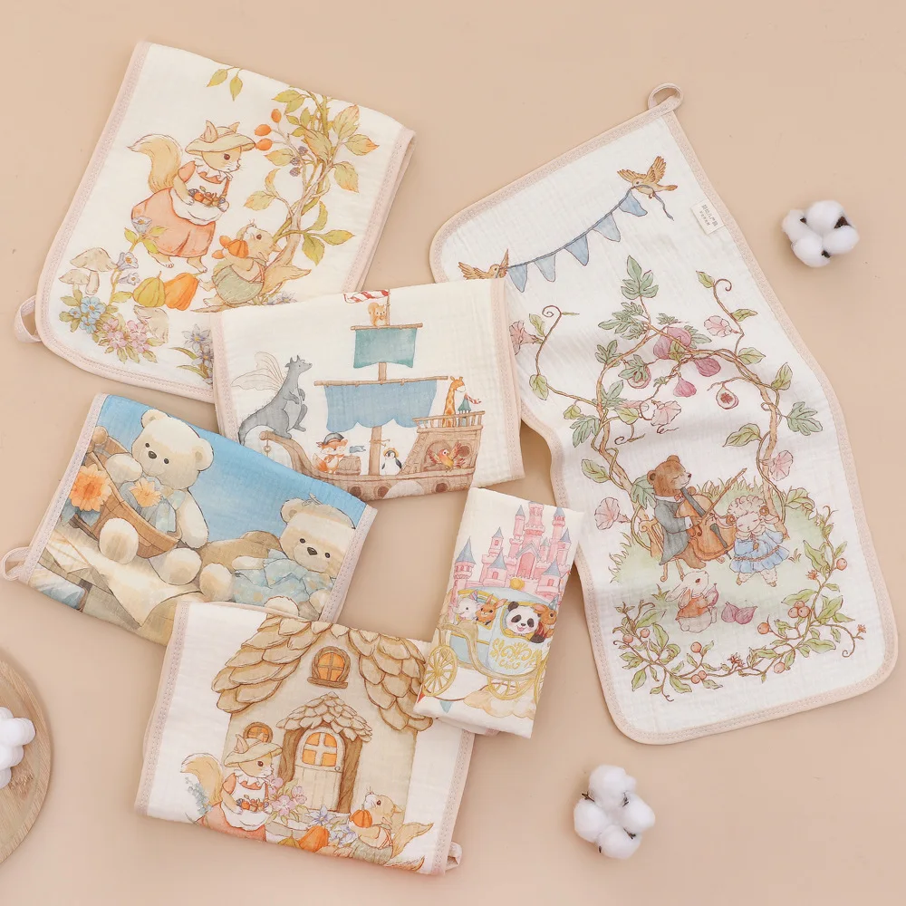 Cartoon Print Baby Towel Cotton Burp Cloths Kids Drool Towel Knitted 4 Layer Muslin Squares Face Towel Handkerchief Baby Care