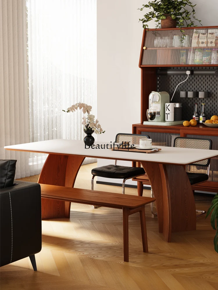 

Medieval solid wood rock slab household dining table small apartment cream wind rectangle