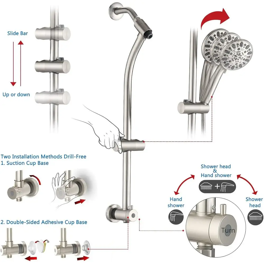رأس دش قابل للتعديل بارتفاع 48 إعدادًا مع محول محمول باليد، محول ثلاثي الاتجاهات، لمسة نهائية من النيكل المصقول #3
