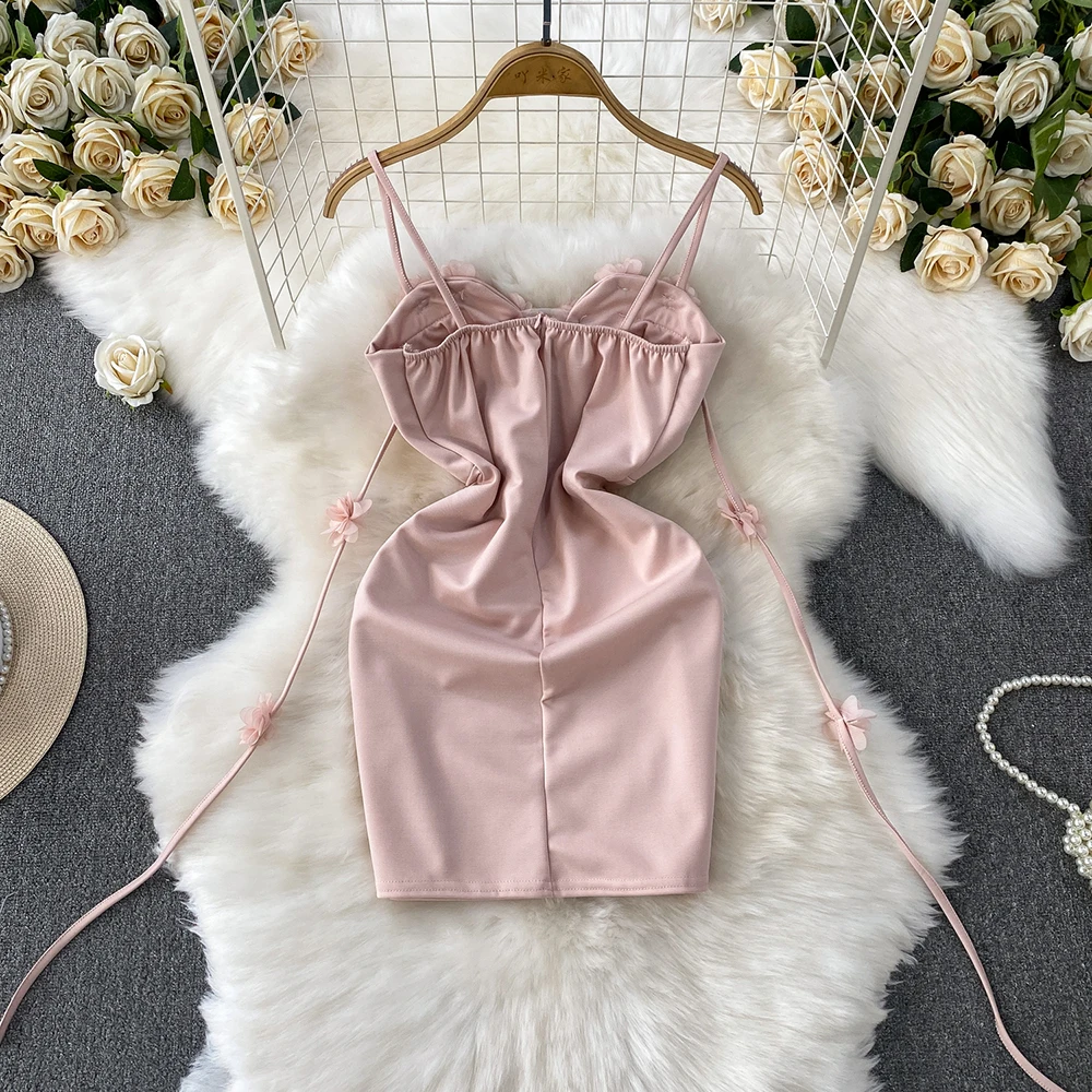 Women Sexy Slip Dress Summer Tulle Floral Patchwork Strap Mini Frocks Female Solid Color Slim Backless Elegant Dresses