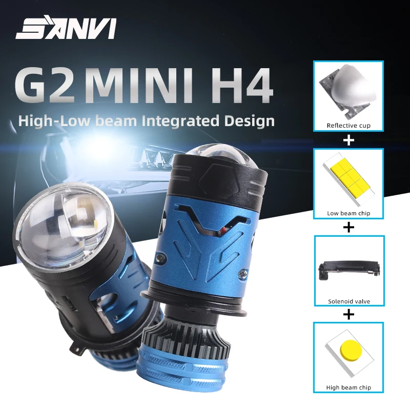 2025 SANVI 140W 6000K H4 Bi Mini LED Projector Lens Car Bulb Headlight Turbo Lamps Plug and Play Motorcycle High Low Beam 12V